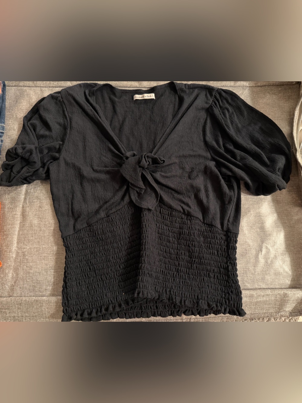 Abercrombie & Fitch Black Puff-Sleeve Tie-Front Smocked Top